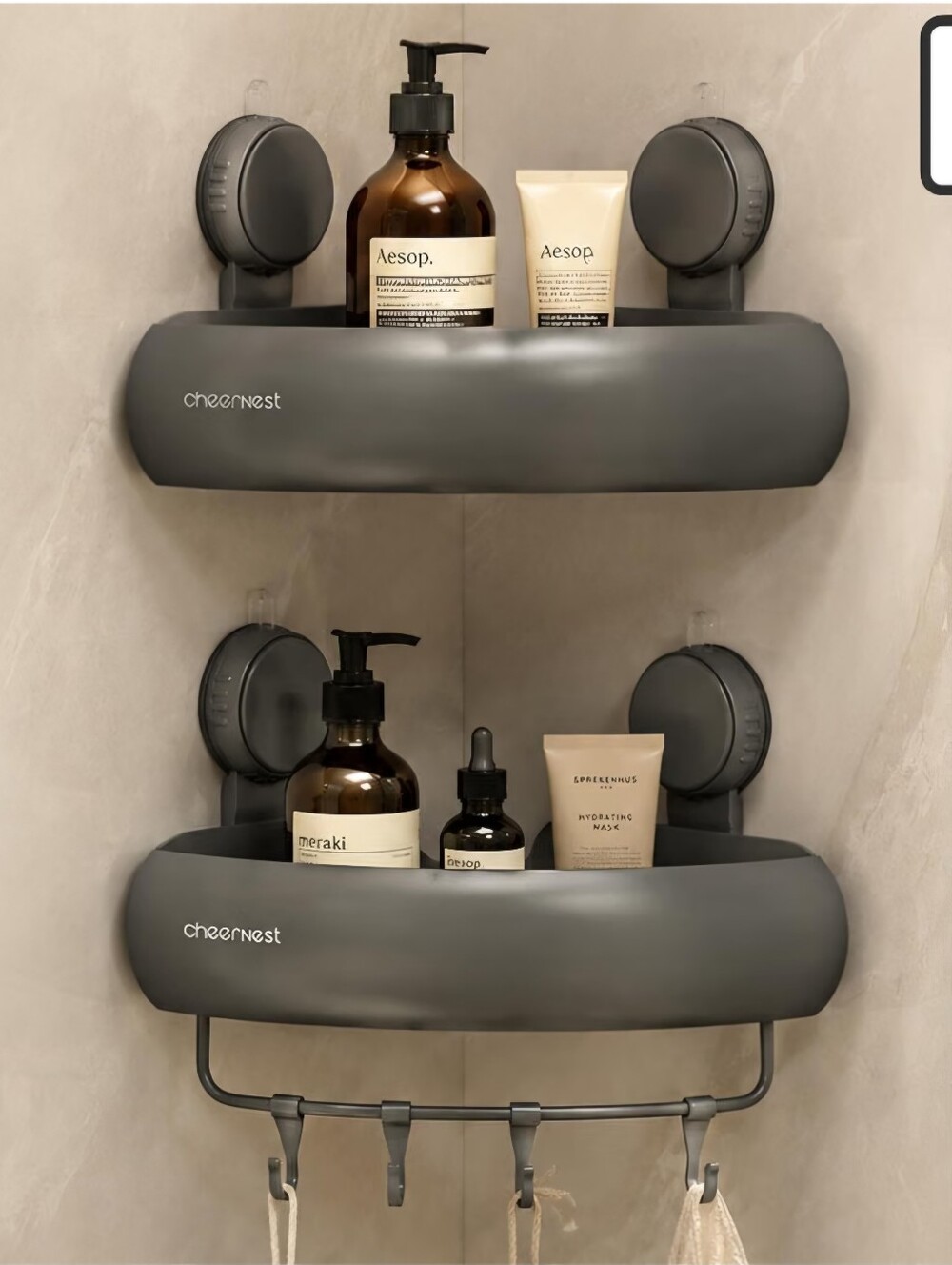 Gray Suction Shower Caddy Organizer - Wall Mounted Bathroom Shelf